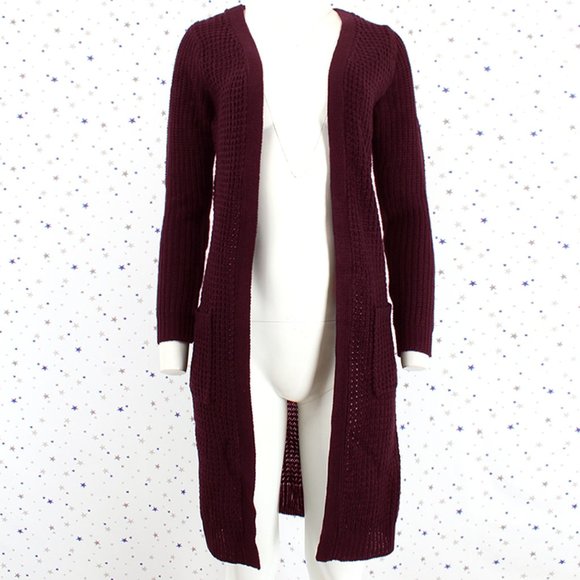 Waffle Knit Duster Long Sweater Cardigan Burgundy - Picture 2 of 7
